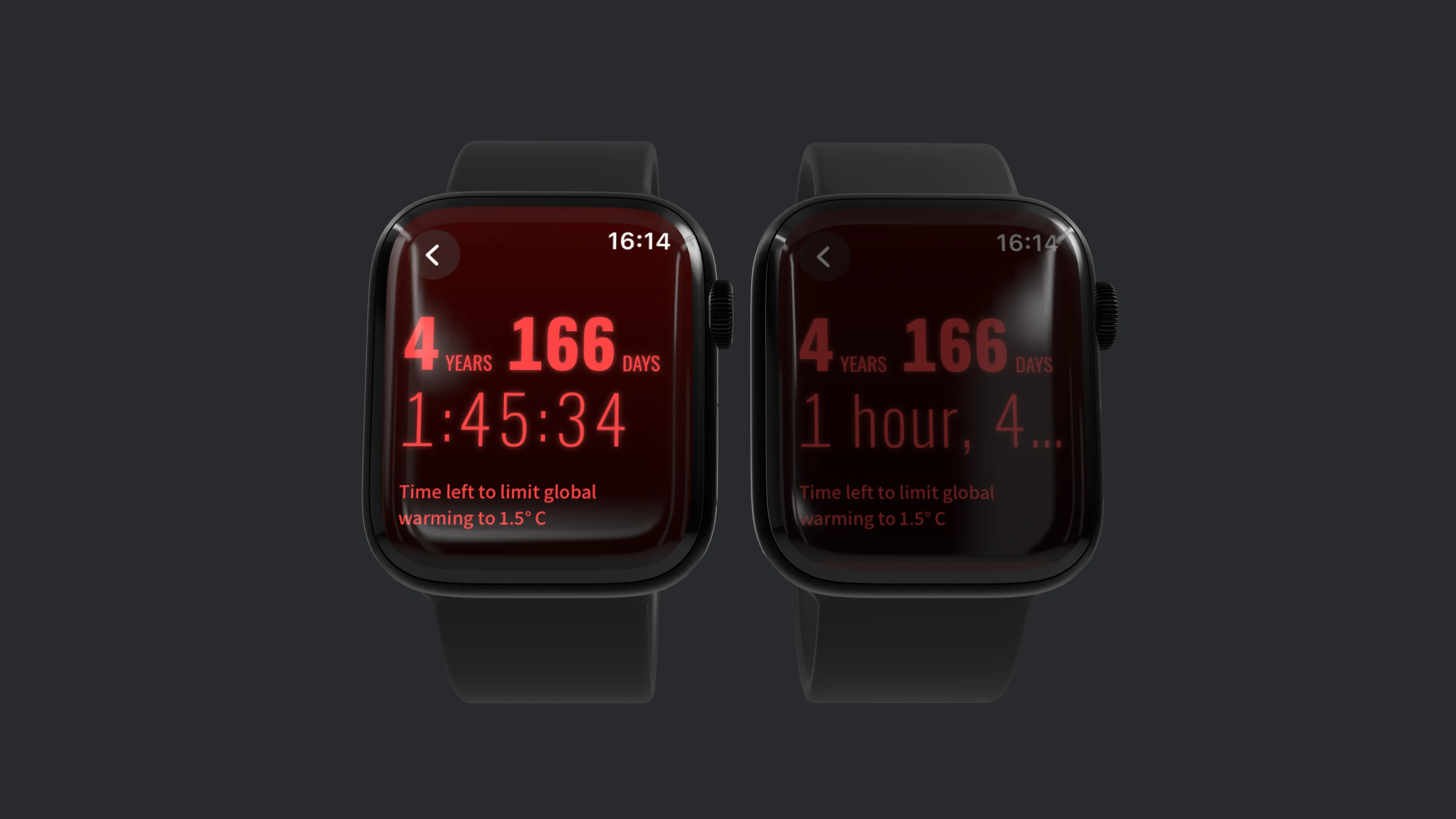 A mockup of two Apple Watches, the one on the left has a brighter display, as the watch is in the active state. On that watch, the countdown is ticking down every second and displayed numerically. On the right watch, the display is more dim, as it’s in always-on mode. On that watch, the time is displayed as: number: 1, word: hour, number: 4, word: minute. This only counds down every minute, or when you look at the watch